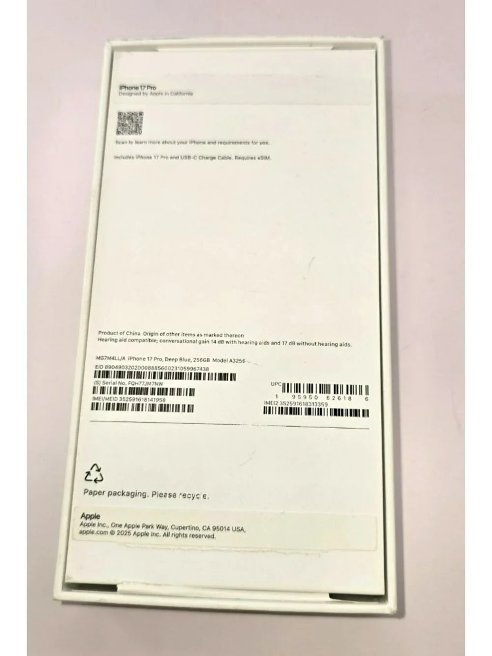 Apple iPhone 15 Pro BOX ONLY for 256GB Deep Blue Model A2956 Original Box VR9011